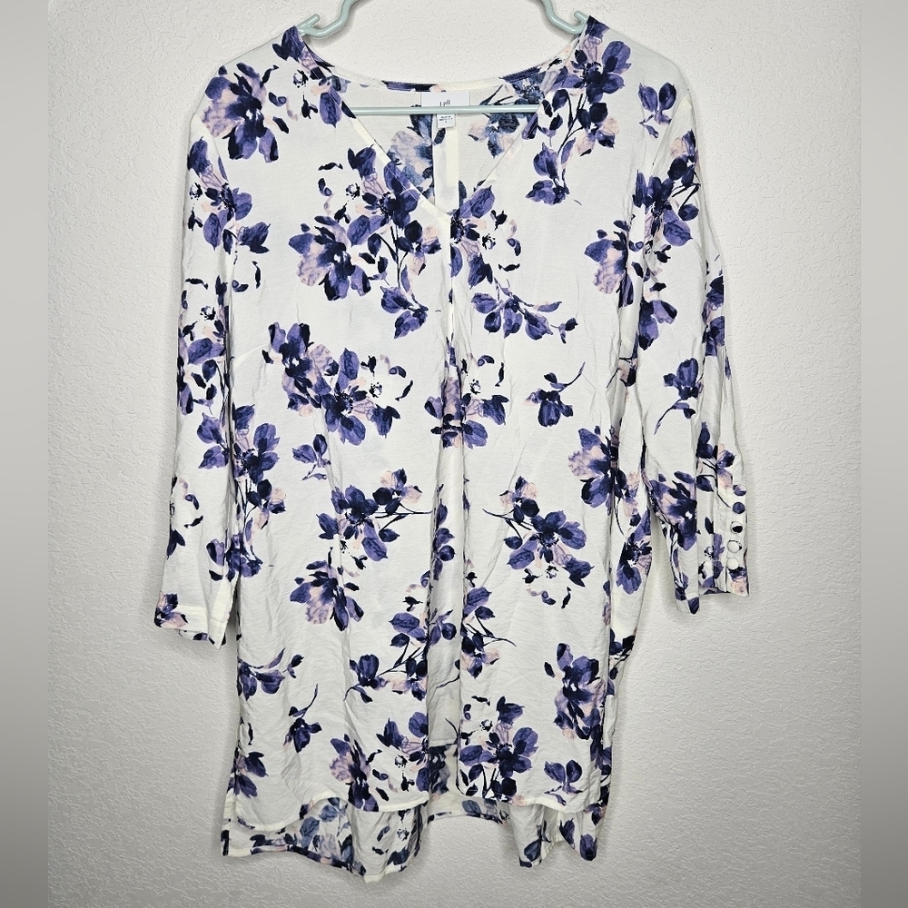 J. Jill Oversize Lagenlook Purple Blue Floral Long Sleeve V-Neck Lightweight Top - Picture 2 of 12
